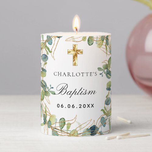 Baptism eucalyptus greenery foliage monogram pillar candle