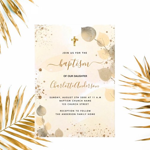 Baptism eucalyptus greenery glitter cross golden  invitation