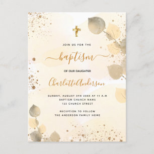 Baptism eucalyptus greenery glitter cross golden invitation postcard