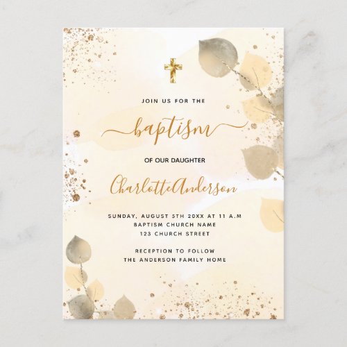 Baptism eucalyptus greenery glitter cross golden  invitation postcard