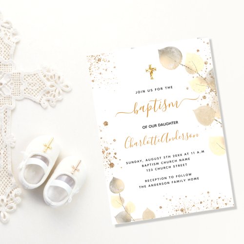 Baptism eucalyptus greenery glitter cross golden invitation postcard