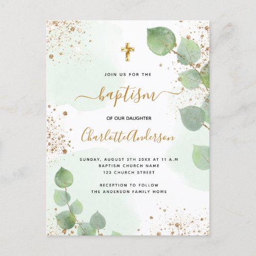 Baptism eucalyptus greenery glitter cross script  invitation postcard