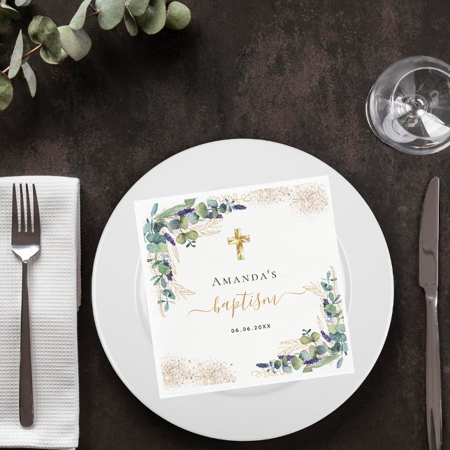 Baptism eucalyptus greenery glitter name girl boy napkins (Creator Uploaded)