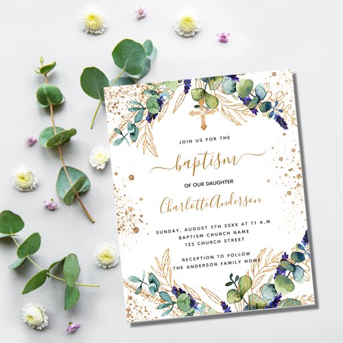 Baptism eucalyptus greenery gold budget invitation flyer