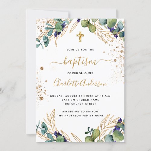 Baptism eucalyptus greenery gold cross script invitation