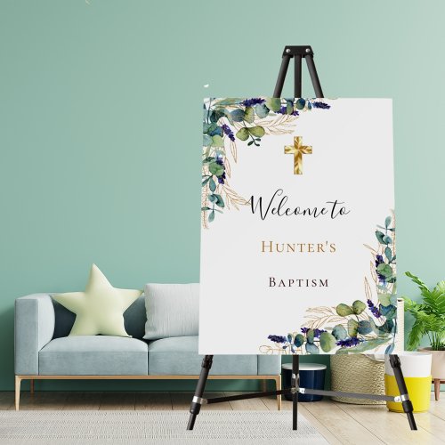 Baptism eucalyptus greenery gold cross welcome foam board