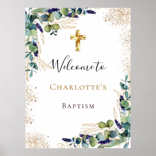 Baptism eucalyptus greenery gold cross welcome poster