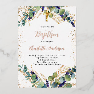 Baptism eucalyptus greenery gold glitter foil invitation