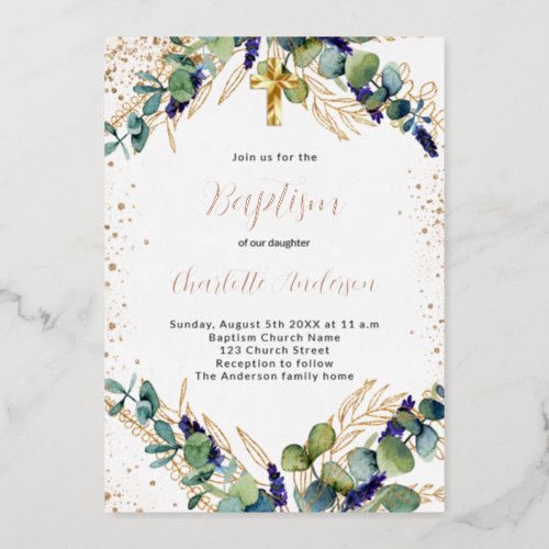 Baptism eucalyptus greenery gold glitter foil invitation