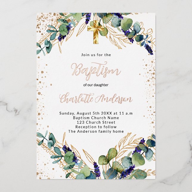Baptism eucalyptus greenery gold glitter foil invitation (Front)