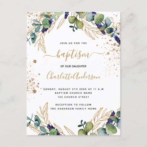 Baptism eucalyptus greenery gold invitation postcard