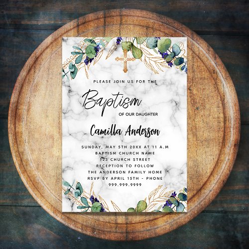 Baptism eucalyptus greenery gold marble invitation postcard