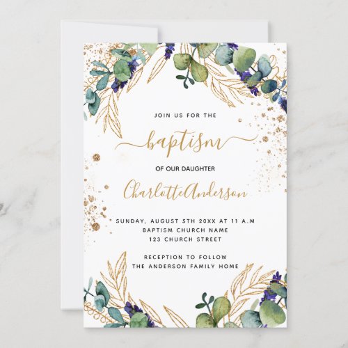 Baptism eucalyptus greenery gold script invitation