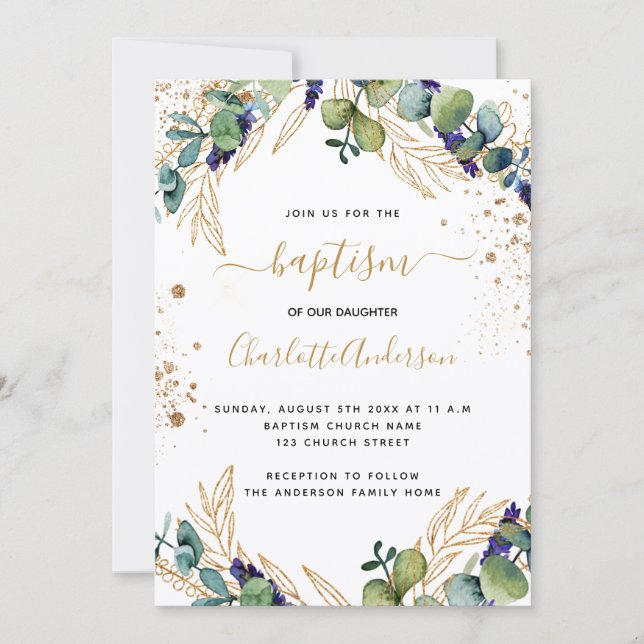 Baptism eucalyptus greenery gold script invitation (Front)