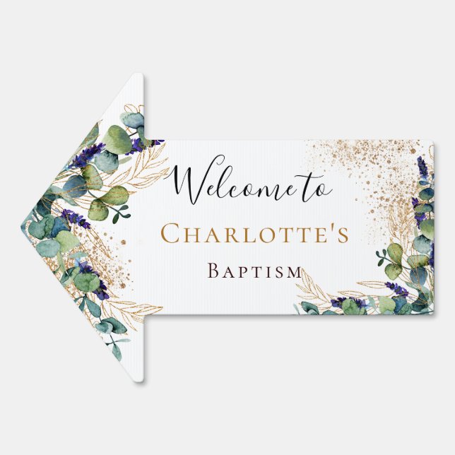Baptism eucalyptus greenery modern welcome arrow sign (Front)