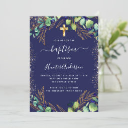 Baptism eucalyptus greenery navy blue invitation | Zazzle