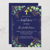 Baptism eucalyptus greenery navy blue invitation | Zazzle