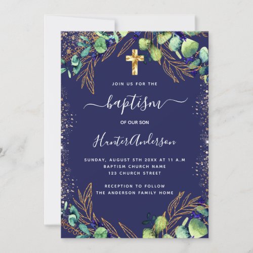Baptism eucalyptus greenery navy blue invitation