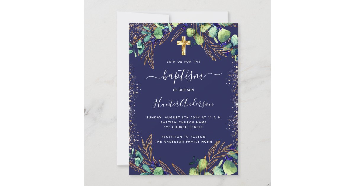 Baptism eucalyptus greenery navy blue invitation | Zazzle