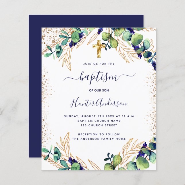 Baptism eucalyptus greenery navy blue invitation (Front/Back)
