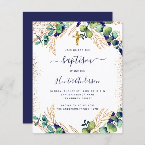 Baptism eucalyptus greenery navy blue invitation