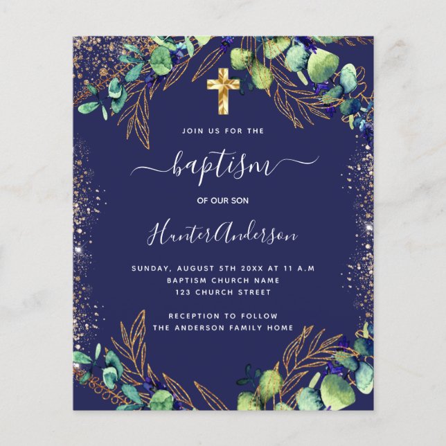 Baptism eucalyptus greenery navy blue invitation (Front)