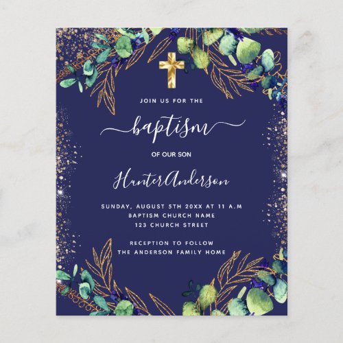 Baptism eucalyptus greenery navy blue invitation flyer
