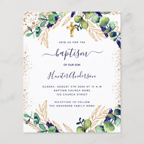 Baptism eucalyptus greenery navy blue invitation flyer