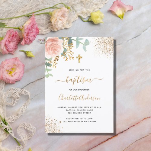 Baptism eucalyptus greenery rose gold floral  invitation postcard