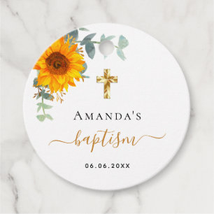 Baptism eucalyptus greenery sunflower favor tags