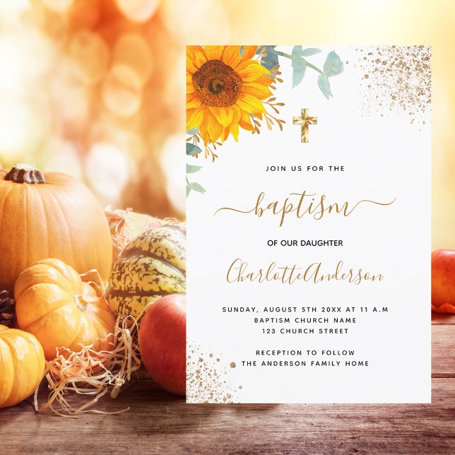 Baptism eucalyptus greenery sunflower gold cross invitation (Creator Uploaded)