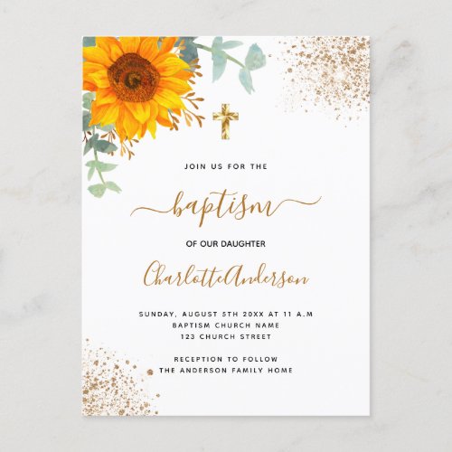 Baptism eucalyptus greenery sunflower gold cross invitation postcard