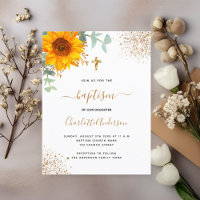 Baptism eucalyptus greenery sunflower gold cross