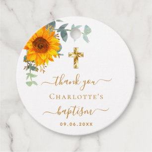 Baptism eucalyptus greenery sunflower thank you favor tags