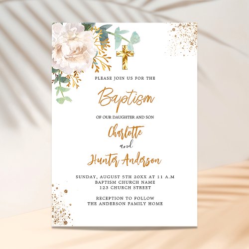 Baptism eucalyptus greenery twins floral invitation postcard