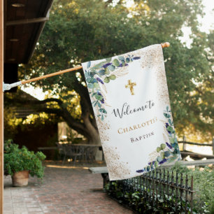Baptism eucalyptus greenery welcome house flag