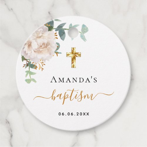 Baptism eucalyptus greenery white floral favor tags