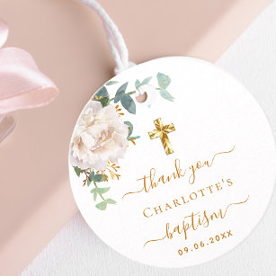 Baptism eucalyptus greenery white floral gold favor tags