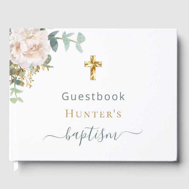 Baptism eucalyptus greenery white floral photo guest book (Front)