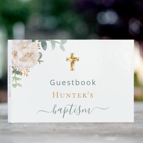 Baptism eucalyptus greenery white floral photo guest book