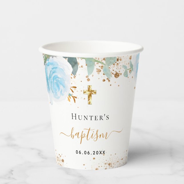 Baptism eucalyptus light blue baby boy floral paper cups (Front)