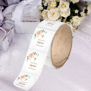 Baptism eucalyptus pink floral girl rose gold classic round sticker