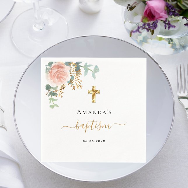 Baptism eucalyptus pink floral girl rose gold napkins (Creator Uploaded)
