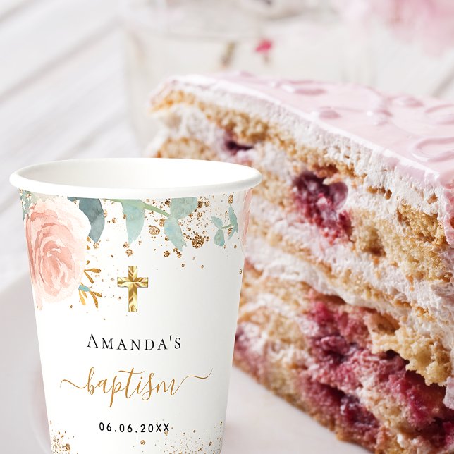 Baptism eucalyptus pink floral girl rose gold paper cups (Creator Uploaded)