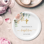 Baptism eucalyptus pink floral girl rose gold paper plates<br><div class="desc">For an elegant baptism,  celebrating a baby girl. A chic white background. Decorated with a watercolored rose gold and blush pink rose and green  eucalyptus leaves,  sprigs,  greenery,  faux gold leaves. A faux gold cross.  Personalize and add the name of the child and a date. Black and golden letters.</div>
