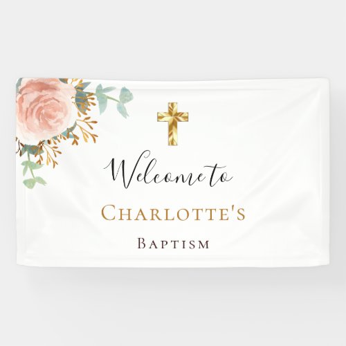 Baptism eucalyptus pink floral rose gold welcome banner
