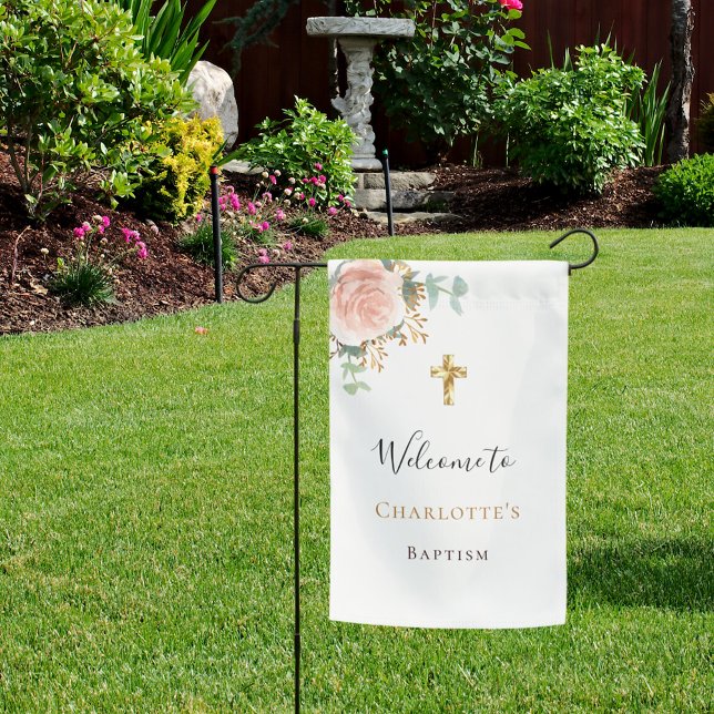 Baptism eucalyptus pink floral rose gold welcome  garden flag (Creator Uploaded)