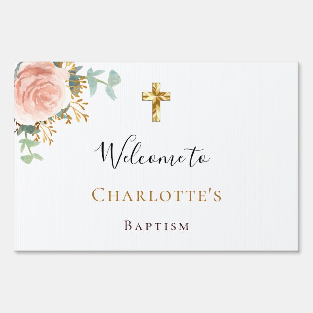 Baptism eucalyptus pink floral rose gold welcome sign (Front)