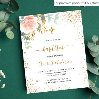 Baptism Eucalyptus Rose Floral Budget Invitation Flyer by EllenMariesParty at Zazzle