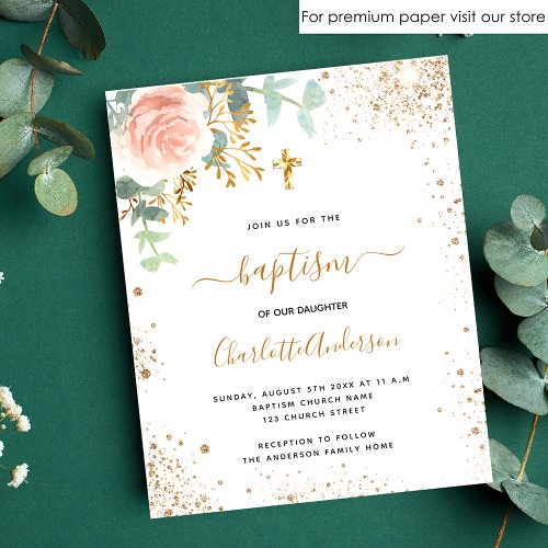 Baptism eucalyptus rose floral budget invitation flyer